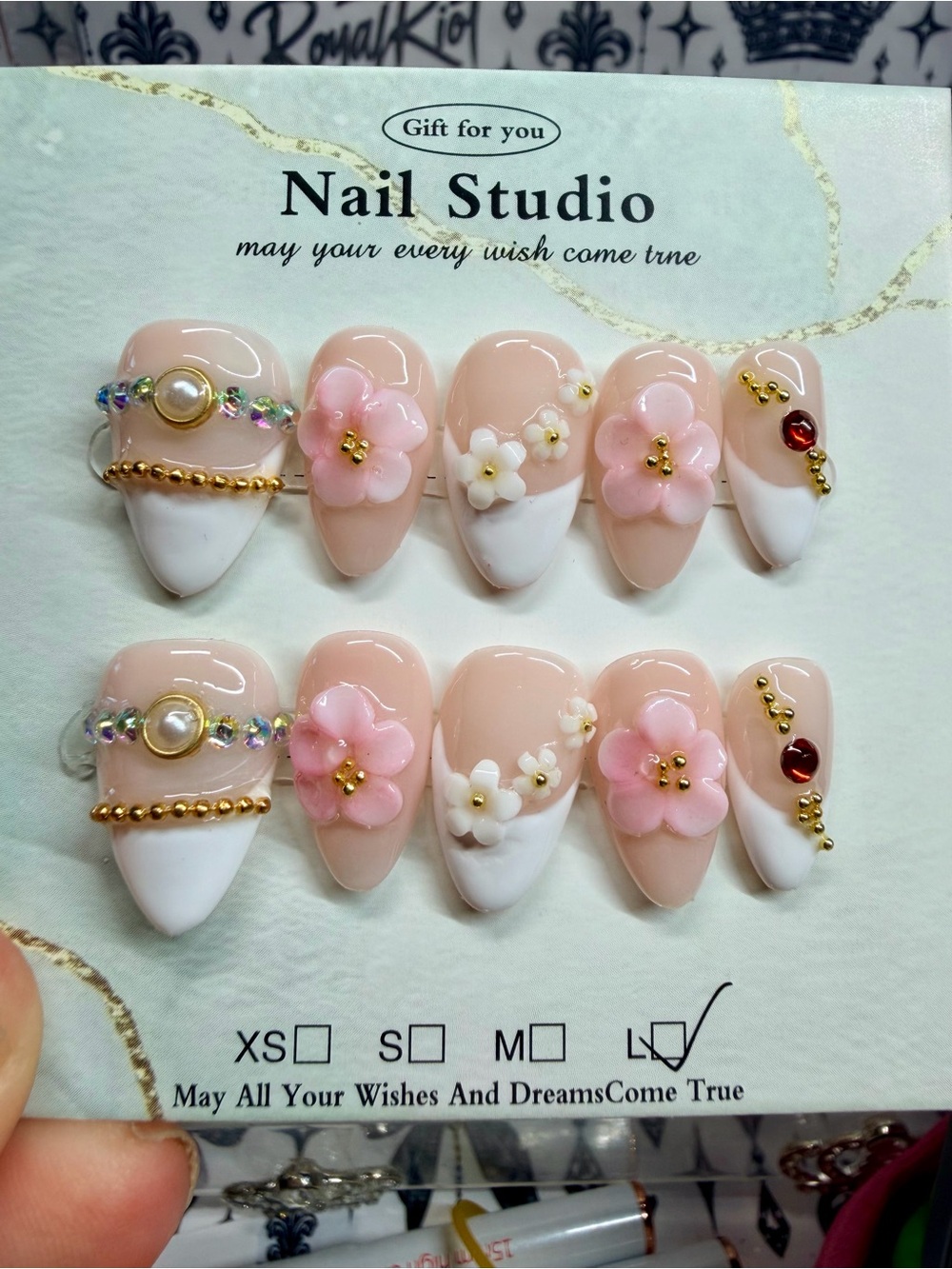 Pink Floral Press-On Nails - Elegant Nude & White Set